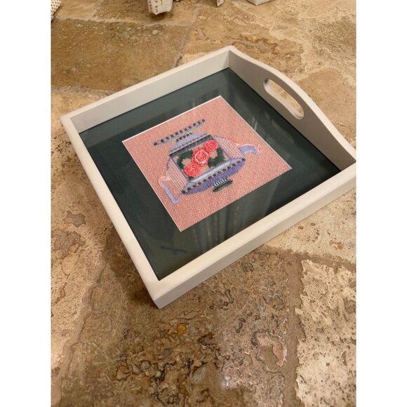 Handcrafted Needlepoint Teapot Design Wood Tray With Handles - Picture 4 of 5